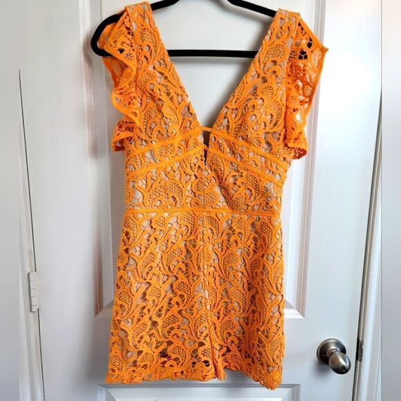 ADELYN RAE Orange Lace Romper - Picture 1 of 13